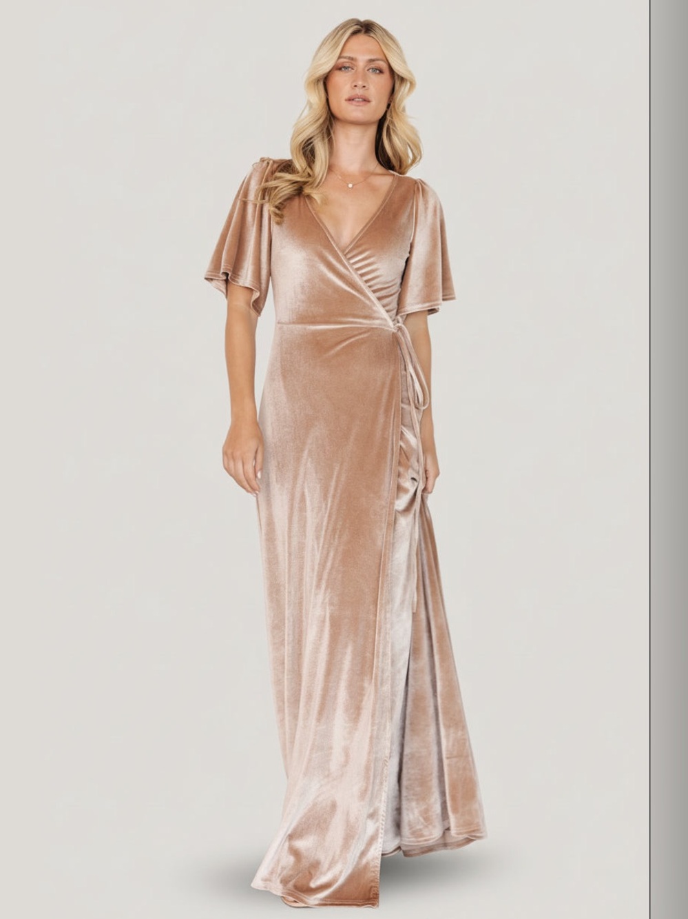 Baltic Born Meghan Velvet Wrap Maxi Dress Champagne Beige Size M Flutter Sleeve